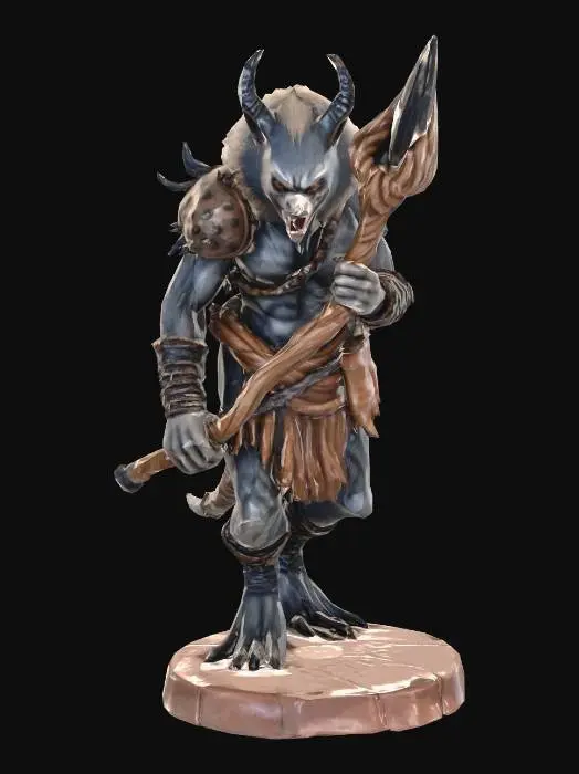 3D model for Gnoll warrior figurine highly detailed holding a long pike made of a twisted branch for a pole and the pike head is big and carved out of rock obsidian