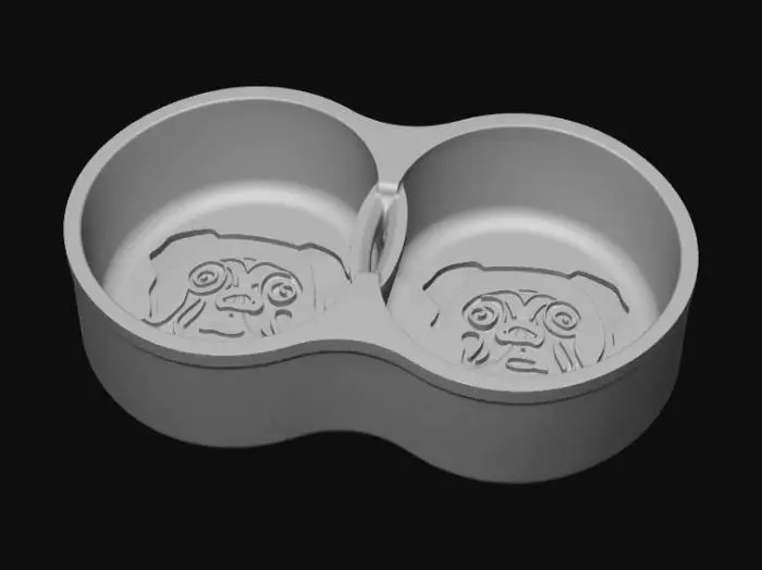 3D model for 3D render of a double connected dog bowl designed for small dogs (pugs), 3D-print optimized. Two bowls fused side-by-side as a single piece, smooth continuous geometry, no sharp edges, slightly elevated base. Each bowl round with soft inner curves, thick walls.

Minimal engraved pug face on the outer side of each bowl, simple line art, low relief engraving, clean and bold lines.

Made of matte PETG material, slightly translucent plastic look, subtle layer lines visible like a real 3D print. 

Functional design: flat base, strong connection bridge between bowls, filleted edges, realistic proportions.
Product design style, studio lighting, soft shadows, clean white background, high detail, realistic render, industrial design aesthetic. pug face and bone as details.