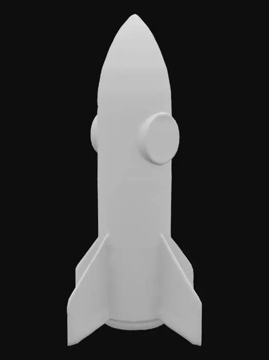 3D model for Create a basic space shuttle rocket.
Slightly about the center of the rocket ship body there should be an oval window. The oval window has a border with rivets around it. The body of the rocket is made of large panels with indents on the edge to make the body look like it's created from multiple pieces. There should be two wings that are on either side of the bottom of the rocket by the thrusters. The rocket should have just one thruster engine. 