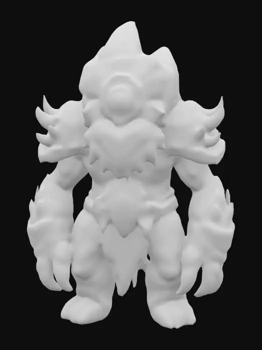 3D model for A stylized 3D model of creature, the monstrous giant of the Fomorians. He has a single glowing eye sealed behind a layered helm, and jagged armor shaped like rock and moss. His size is massive, and the design is stylized, clean, and slightly cartoonish. #AroundTheWorld#
