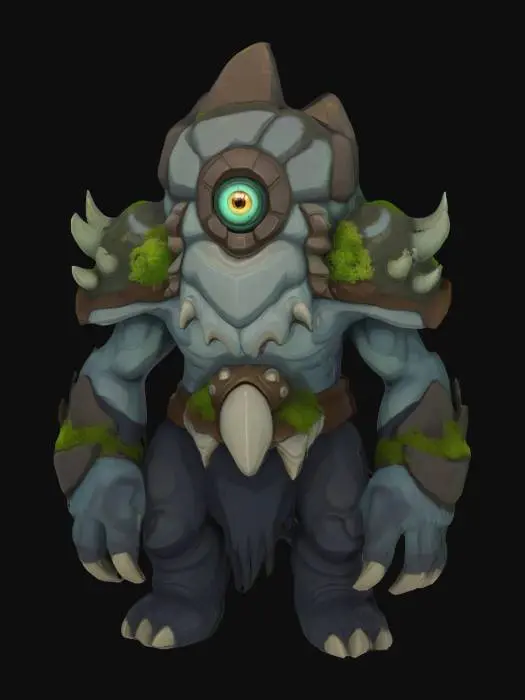 3D model for A stylized 3D model of creature, the monstrous giant of the Fomorians. He has a single glowing eye sealed behind a layered helm, and jagged armor shaped like rock and moss. His size is massive, and the design is stylized, clean, and slightly cartoonish. #AroundTheWorld#
