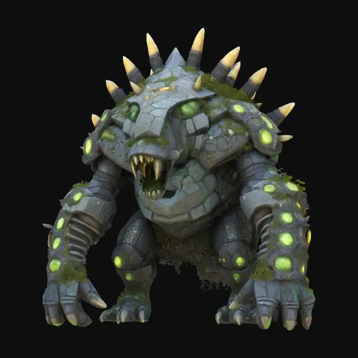 3D model for fantasy giant desert creature, massive body, armor made of stone fragments, one eye, covered in moss, glowing spikes, shining gemstones all over the body, extremely detailed, high resolution texture, epic stance, #AroundTheWorld#
