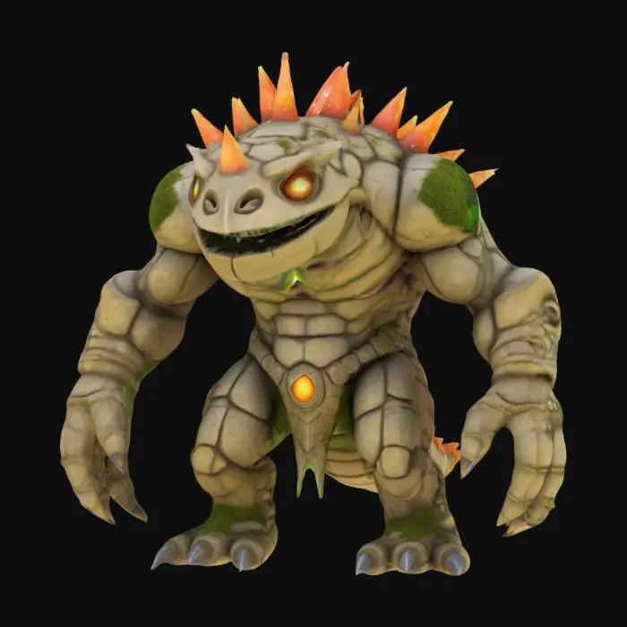 3D model for fantasy giant desert creature, massive body, armor made of stone fragments, one eye, covered in moss, glowing spikes, shining gemstones all over the body, extremely detailed, high resolution texture, epic stance, #AroundTheWorld#