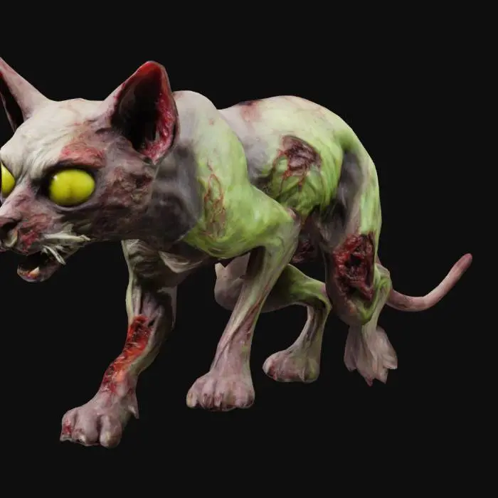 3D model for Радиоктивный кот зомби-мутант, облезлая шерсть, плоть гниëт заживо, рëбра видны