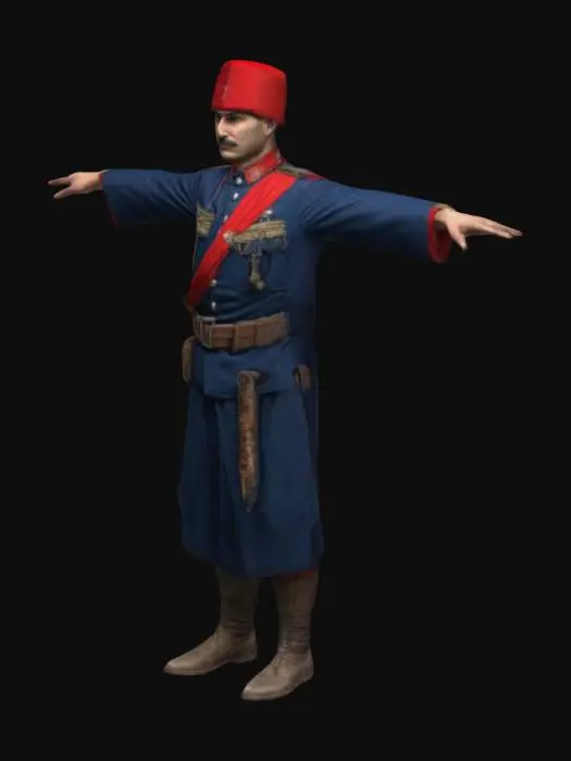 3D model for Turkish Ottoman Balkan War Soldier. Red Fez, Dark Blue Uniform T-Pose
