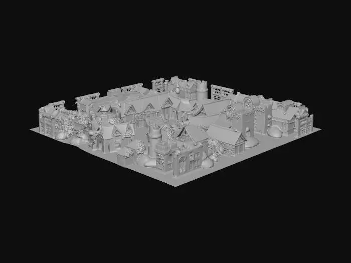 3D model for Ana Meydan: Köyün merkezinde, taşlarla döşeli geniş bir alan.

Köy Binaları: Taş ve ahşaptan yapılmış, yosun tutmuş ve aşınmış görünümlü evler.

Demirci Dükkanı: Duvarında kılıç ve zırh asılı, dumanı tüten bir fırını olan bir bina.

Pazar Yeri: Tezgahlarda sebze, meyve, kumaş ve diğer malların satıldığı renkli bir alan.

Ağaçlar ve Sarmaşıklar: Meydanın etrafına yerleştirilmiş, binaların üzerine tırmanan yosun ve sarmaşık detayları.

İzometrik Perspektif: 2.5D bir oyun haritası için doğru derinlik ve gölge açısına sahip.

Ortaçağ Avrupası Tarzı: Kaba ve sağlam taş yapısıyla Ortaçağ Avrupası estetiğini yansıtan binalar.

[Görsel: Tiled Map Editor İçin Ortaçağ Kale Duvarı Fayans Seti]
Bu görsel, izometrik bir oyun haritası için hazırlanmış farklı kale duvarı parçalarını (düz duvar, köşe, kap