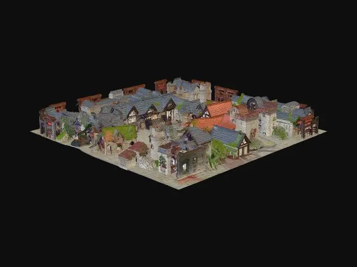 3D model for Ana Meydan: Köyün merkezinde, taşlarla döşeli geniş bir alan.

Köy Binaları: Taş ve ahşaptan yapılmış, yosun tutmuş ve aşınmış görünümlü evler.

Demirci Dükkanı: Duvarında kılıç ve zırh asılı, dumanı tüten bir fırını olan bir bina.

Pazar Yeri: Tezgahlarda sebze, meyve, kumaş ve diğer malların satıldığı renkli bir alan.

Ağaçlar ve Sarmaşıklar: Meydanın etrafına yerleştirilmiş, binaların üzerine tırmanan yosun ve sarmaşık detayları.

İzometrik Perspektif: 2.5D bir oyun haritası için doğru derinlik ve gölge açısına sahip.

Ortaçağ Avrupası Tarzı: Kaba ve sağlam taş yapısıyla Ortaçağ Avrupası estetiğini yansıtan binalar.

[Görsel: Tiled Map Editor İçin Ortaçağ Kale Duvarı Fayans Seti]
Bu görsel, izometrik bir oyun haritası için hazırlanmış farklı kale duvarı parçalarını (düz duvar, köşe, kap