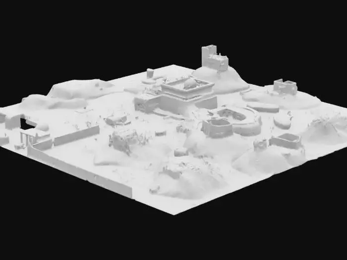 3D model for Generate a **low-poly 3D terrain map** for a **tank warfare game** with the following featuresHeight variations**: Hills, valleys, and plateaus for tactical positioning.Urban ruins**: Broken buildings, collapsed bridges, and bunkers (low-poly, destructible-looking**Natural cover**: Rocky outcrops, sandbag barriers, and trenches.  
- **Battlefield debris**: Burned-out tanks, crashed vehicles, and artillery craters.  **Paths/roads**: Dusty or muddy roads connecting key areas.  
- **Divided zones**: A dry riverbed or broken wall splitting the map into two sides. **Style**: Semi-realistic, **game-optimized** (clean topology, under 50k polys). Textures in **military colors** (camo greens, desert tans, concrete grays). 
**Export format**: OBJ or FBX with textures (512x512 or 1024x1024 resolutio