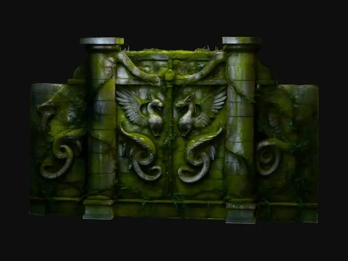 3D model for dark fantasy forest stone wall with connecting pillar
