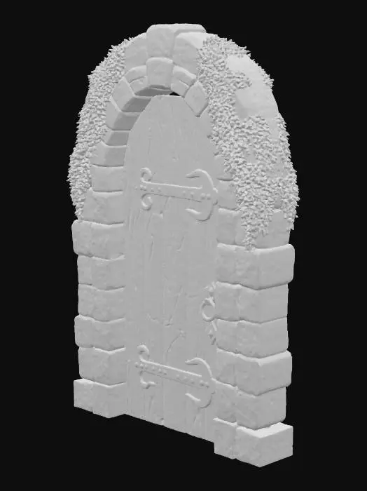 3D model for a stone doorway, seemingly ancient and overgrown. rough-hewn stones. The stones are unevenly sized and shaped, giving the structure a rustic and weathered appearance. Lush green moss covers much of the stonework, particularly concentrated at the top of the structure and along the vertical pillars flanking the doorway. This mossy growth accentuates the age and secluded nature of the location.The doorway itself is arched and features a dark wooden door. The wood shows signs of age, with a slightly distressed texture and a dark, almost black tone. Intricate metalwork is visible on the door, suggesting ornamentation or possibly protective elements.The dark grey of the stones, the deep green of the moss, and the lack of any other elements.creating a sense of aged fantasy or a medieval setting.