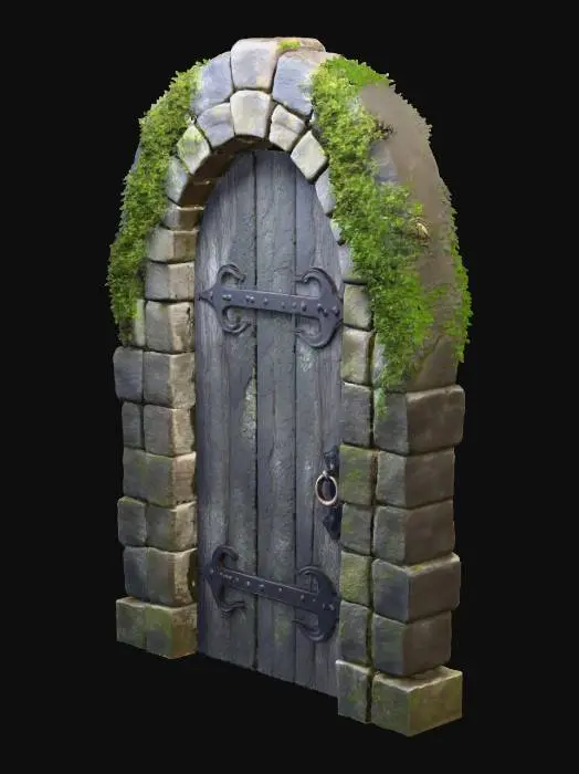 3D model for a stone doorway, seemingly ancient and overgrown. rough-hewn stones. The stones are unevenly sized and shaped, giving the structure a rustic and weathered appearance. Lush green moss covers much of the stonework, particularly concentrated at the top of the structure and along the vertical pillars flanking the doorway. This mossy growth accentuates the age and secluded nature of the location.The doorway itself is arched and features a dark wooden door. The wood shows signs of age, with a slightly distressed texture and a dark, almost black tone. Intricate metalwork is visible on the door, suggesting ornamentation or possibly protective elements.The dark grey of the stones, the deep green of the moss, and the lack of any other elements.creating a sense of aged fantasy or a medieval setting.