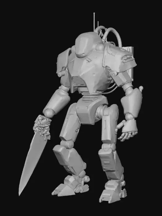 3D model for Generate a highly detailed 3D model of a mechanical executioner robot called “Rust Reaper Unit”, part of the Industrial Necropolis collection. The robot is made of rusted steel, exposed pipes, and corroded armor plates. It carries a large integrated blade glowing with orange energy veins. Include cables, bolts, mechanical joints, and worn surfaces. Front-lit, white background, cinematic, suitable for modular game environment use., #Halloween2025#