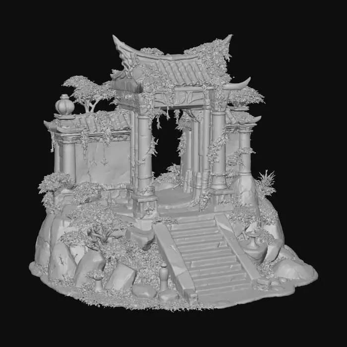 3D model for Architecture & Base Elements

Generate a 2D modular asset pack titled “Frogfolk Temple Scene – Architecture & Base Elements”, designed for Unity 2D RPG games.
Displayed on a clean white background (or transparent), each asset separated and aligned for modular use.

Include:

Poarta mare de templu sculptată (cu simboluri de broască).

Coloane și arcade rupte, blocuri de piatră individuale.

Scări vechi acoperite cu mușchi.

Podele de piatră și platforme modulare.

Pereți și fragmente gravate cu rune.

Ziduri mixte (bambus/piatră).

Statuete de broască și toteme mici.

Piese de tranziție între templu și sol natural.