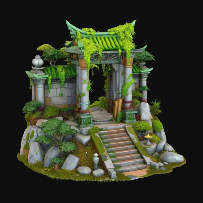3D model for Architecture & Base Elements

Generate a 2D modular asset pack titled “Frogfolk Temple Scene – Architecture & Base Elements”, designed for Unity 2D RPG games.
Displayed on a clean white background (or transparent), each asset separated and aligned for modular use.

Include:

Poarta mare de templu sculptată (cu simboluri de broască).

Coloane și arcade rupte, blocuri de piatră individuale.

Scări vechi acoperite cu mușchi.

Podele de piatră și platforme modulare.

Pereți și fragmente gravate cu rune.

Ziduri mixte (bambus/piatră).

Statuete de broască și toteme mici.

Piese de tranziție între templu și sol natural.