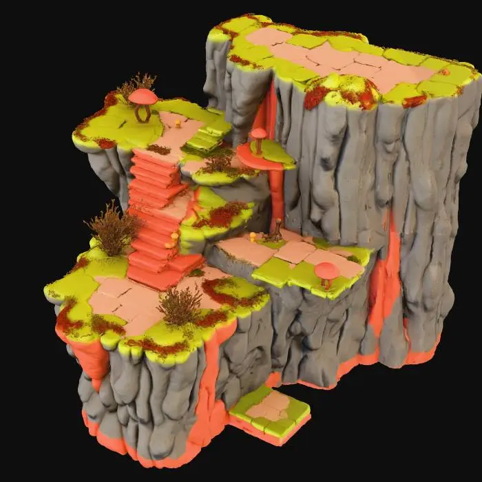 3D model for Margini (left/right) Outside corners (sus/jos, stânga/dreapta) Inside corners Muchii verticale Muchii diagonale (slopes) Platforme rupte Platforme suspendate Varianta groasă / înaltă / foarte înaltă Variante cu tunel / arcadă erodată Detalii: rădăcini, pietre, ciuperci integratePlatformă XL (înaltă, foarte înaltă)pentru zone verticale, căderi, peșteriArcadă sculptată în teren mega utilă pentru tranziții de nivel Rampă / Slope completă pentru zone netede, nu doar diagonale miciVarianta „floating double”două bucăți unite, super cinematic Detalii în sol: rădăcini, ciuperci, pietre, glowridică tot tilesetul la next level Rock face vertical pentru platforme mari tip munte, #Thanksgiving#