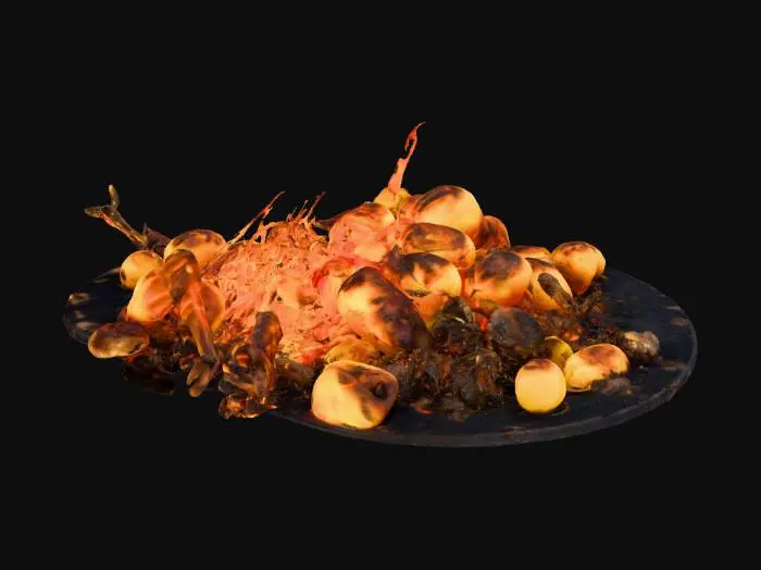 3D model for a feast of badly burned food, it is almost completely black and unrecognizable