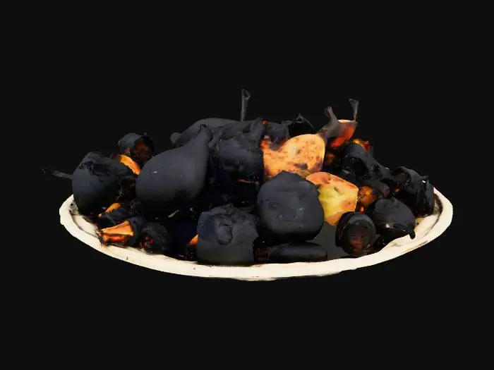 3D model for a feast of badly burned food, it is almost completely black and unrecognizable