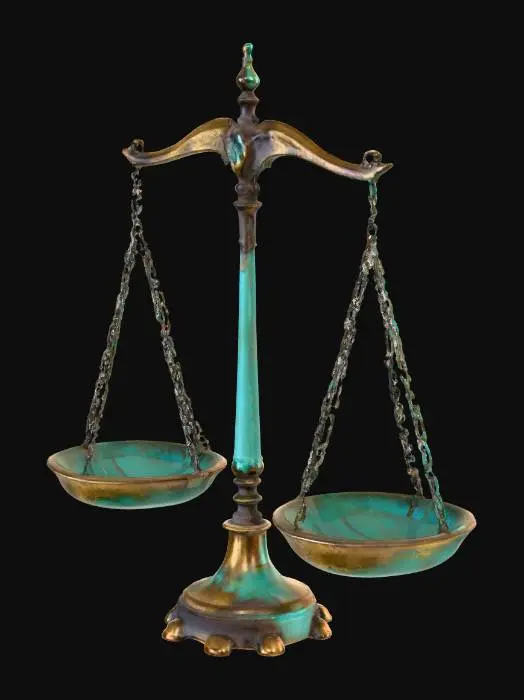 3D model for a scale made out of bronze.
it has a thin grip with a chain hanging down to two small bowls