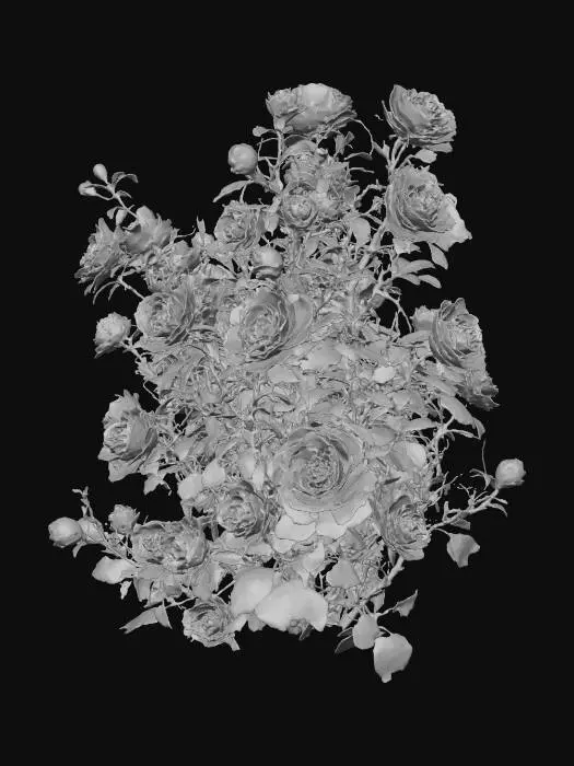 3D model for a shrub of "wild rose" the flowers are in full bloom. the petals are bright red like blood. the shrub consists of twigs with thorns and leaves