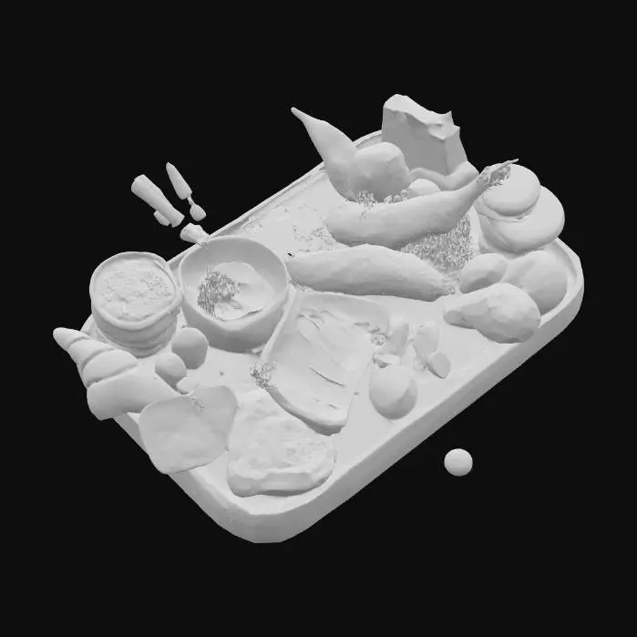 3D model for a feast of badly burned food, it is almost completely black and unrecognizable