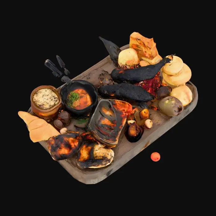 3D model for a feast of badly burned food, it is almost completely black and unrecognizable