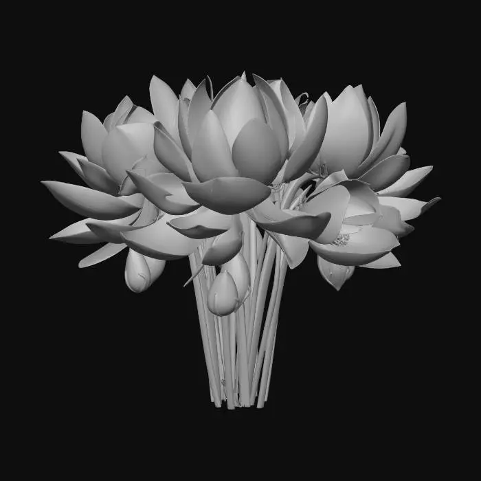 3D model for A photorealistic cluster of blooming lotus flowers. Rich pink petals with soft white gradients near the base, distinct yellow seed pods in the center. Thick green stems rising. High botanical detail, realistic textures, organic shapes, PBR material, 4k resolution style