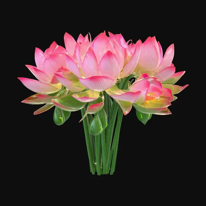 3D model for A photorealistic cluster of blooming lotus flowers. Rich pink petals with soft white gradients near the base, distinct yellow seed pods in the center. Thick green stems rising. High botanical detail, realistic textures, organic shapes, PBR material, 4k resolution style