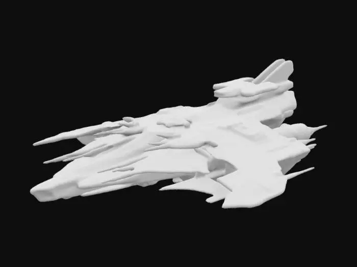 3D model for ((star citizen)), ((spaceship)), (futuristic), The Vanduul Terminator, a heavy capital assault spaceship built for its last line of assault, last resort ship, half organic, aggressive look, devastating cannon
