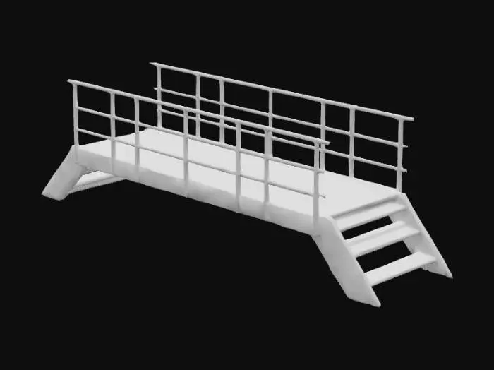3D model for Catwalk 2x2 with perforated deck and detachable rail, angular supports. 500–900 tris, 1 UV, PBR 512². Non-dangling design.

