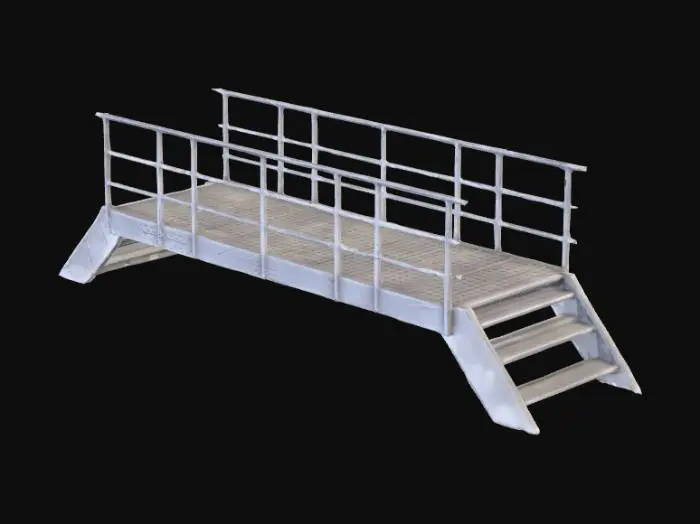3D model for Catwalk 2x2 with perforated deck and detachable rail, angular supports. 500–900 tris, 1 UV, PBR 512². Non-dangling design.

