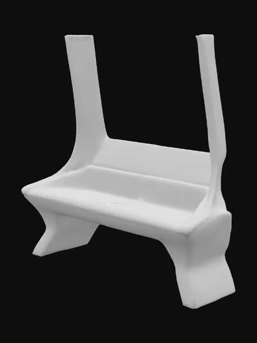 3D model for Un banco modular de descanso, de diseño ergonómico y angular, construido con una aleación oscura de alto brillo que refleja el entorno. Los cojines integrados son de un material sintético, suave pero firme, en tonos grises profundos. Bordes de luz magenta tenue delinean sutilmente sus contornos, proyectando un brillo discreto en el suelo. La textura es lisa y fresca al tacto, con un leve relieve en las zonas de asiento.