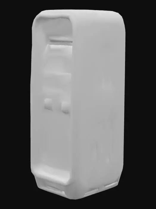 3D model for Un terminal de datos autónomo con forma de obelisco estilizado, construido con un polímero negro azabache y paneles de cristal táctil translúcido en la parte superior. La pantalla principal muestra patrones de interfaz en tonos cian y azul eléctrico que fluyen constantemente. Sus bordes están delineados por una luz pulsante, dándole una apariencia activa y vibrante. La superficie es lisa y brillante, fría al tacto, con ranuras de ventilación mínimas.