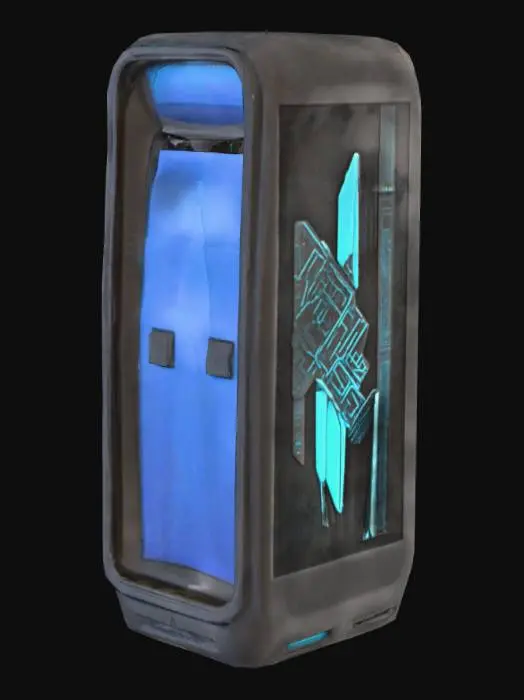 3D model for Un terminal de datos autónomo con forma de obelisco estilizado, construido con un polímero negro azabache y paneles de cristal táctil translúcido en la parte superior. La pantalla principal muestra patrones de interfaz en tonos cian y azul eléctrico que fluyen constantemente. Sus bordes están delineados por una luz pulsante, dándole una apariencia activa y vibrante. La superficie es lisa y brillante, fría al tacto, con ranuras de ventilación mínimas.