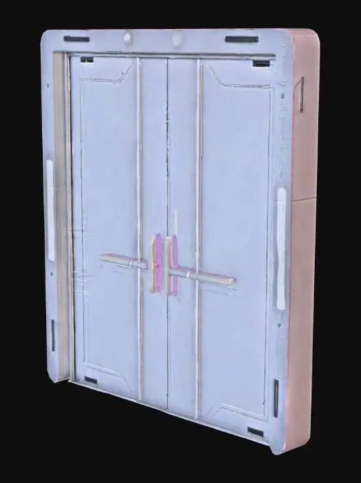 3D model for 
Tech door frame 2x4 with twin sliding doors; recessed runners, lock indicator (emissive). 900–1200 tris total, single UV/material, PBR 512².

