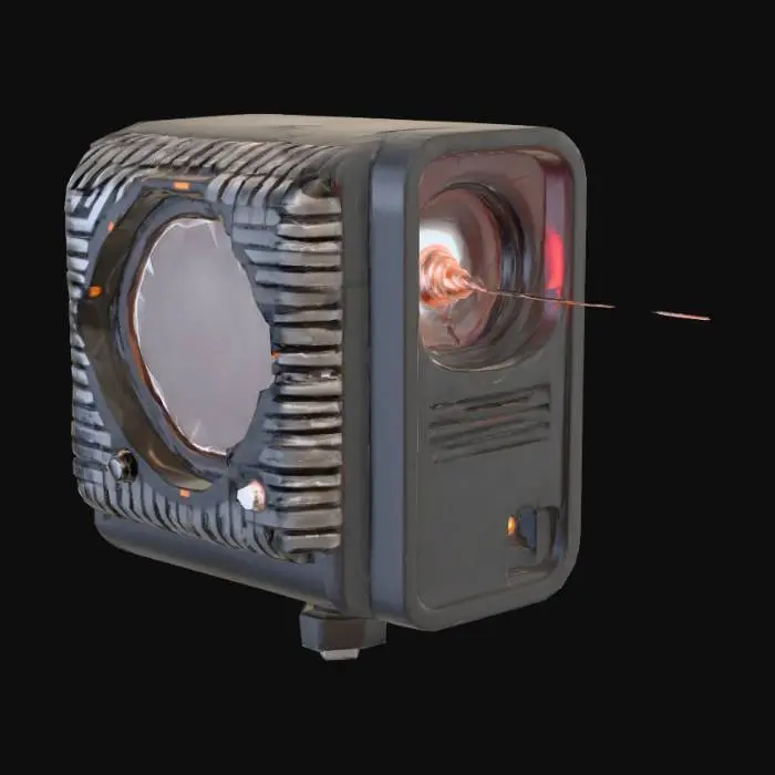3D model for Wall laser emitter module: rotating head, warning chevrons, amber emissive. 700–1000 tris, 1 UV, PBR 512².
