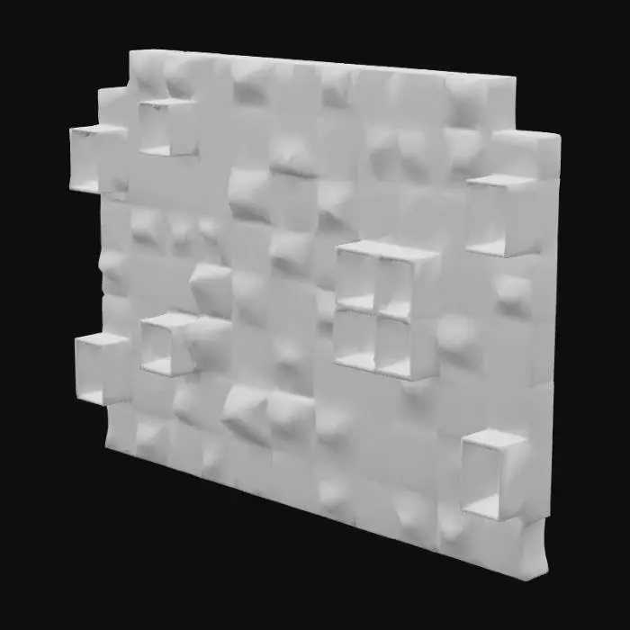 3D model for Modular wall kit 2x4: flat, channel, niche variants; angular panels, small chamfers, discrete cyan emissive. 400–900 tris, 1 UV, 1 material, PBR 512². Snap to 2m grid.