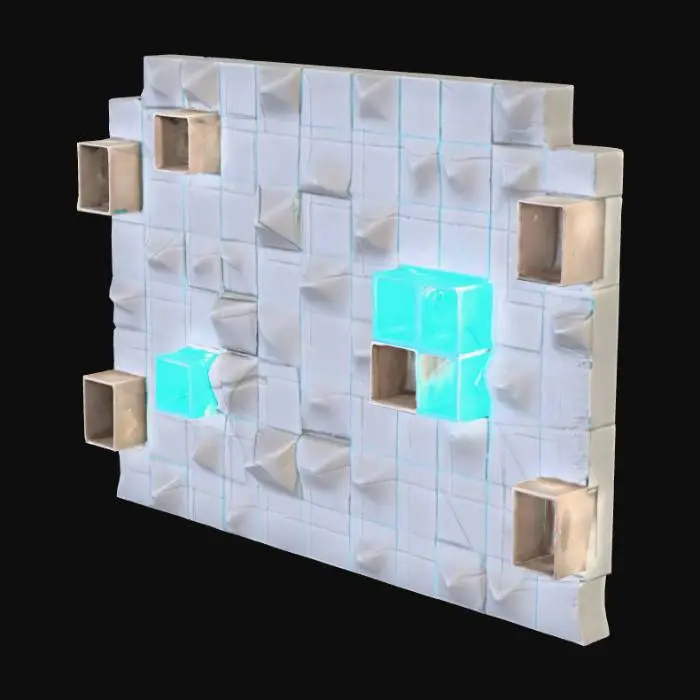 3D model for Modular wall kit 2x4: flat, channel, niche variants; angular panels, small chamfers, discrete cyan emissive. 400–900 tris, 1 UV, 1 material, PBR 512². Snap to 2m grid.