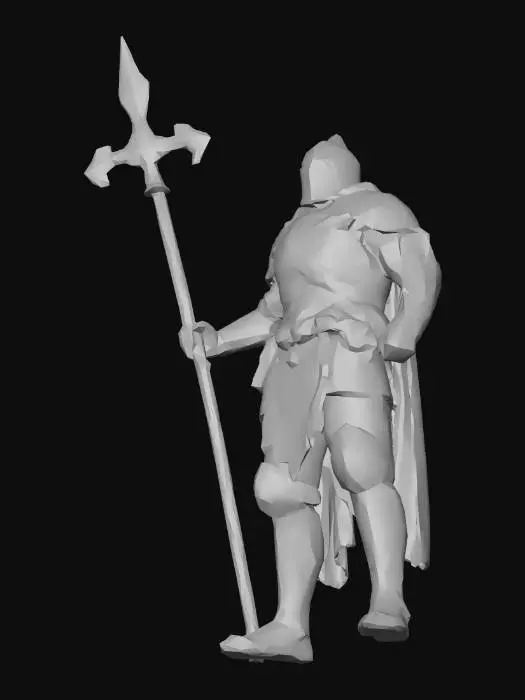 3D model for Create a highly detailed 3D printable resin model of a fantasy knight designed for tabletop board games, scaled appropriately for HeroQuest(28–32mm scale).
Knight is in a dynamic fighting stance, feet grounded and lunging forward. Both hands holds a single longsword raised and angled back, over the head ready to strike. 
Armor style: classic medieval plate armor with layered plates, chainmail visible at joints, engraved details, rivets, and leather straps. Helmet fully enclosed with visor, no exposed face and no headdress. Proportions heroic but realistic.
Detail level: ultra-high, optimized for resin printing. 
Model requirements:
• Single-piece
• Clear silhouette for tabletop readability
• style suitable for Hero Quest