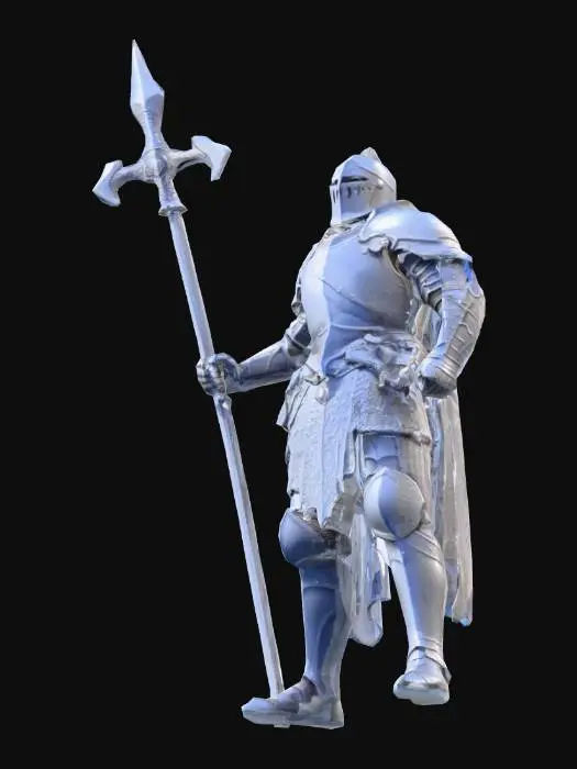 3D model for Create a highly detailed 3D printable resin model of a fantasy knight designed for tabletop board games, scaled appropriately for HeroQuest(28–32mm scale).
Knight is in a dynamic fighting stance, feet grounded and lunging forward. Both hands holds a single longsword raised and angled back, over the head ready to strike. 
Armor style: classic medieval plate armor with layered plates, chainmail visible at joints, engraved details, rivets, and leather straps. Helmet fully enclosed with visor, no exposed face and no headdress. Proportions heroic but realistic.
Detail level: ultra-high, optimized for resin printing. 
Model requirements:
• Single-piece
• Clear silhouette for tabletop readability
• style suitable for Hero Quest