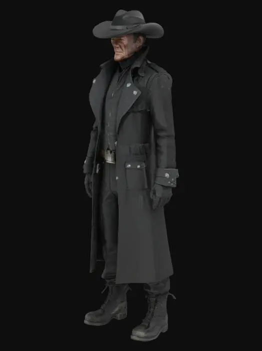 3D model for john wayne, future, post apocalypse, scifi, gunslinger, dark tower, man in black, the duke, asymmetrical, powerful, empty hands, 