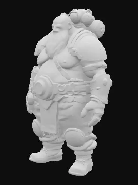 3D model for A dwarven engineer standing five-foot-two with a stout, stocky build, his broad chest and short legs built for endurance rather than speed. His thick beard is laced with metallic cybernetic filaments, woven into the traditional braids of his mountain kin. His right arm has been fully replaced with a massive, multi-functional cybernetic appendage forged from worn industrial-grade alloy, complete with a built-in repair torch and grappling cable. His torso and legs are protected by modular armor covered in industrial etchings and runic engravings, reflecting his cultural mix of engineering expertise and ancient dwarven heritage. His helmet has retractable lenses for magnifying or scanning tasks. On his left arm is a bulky shield generator 