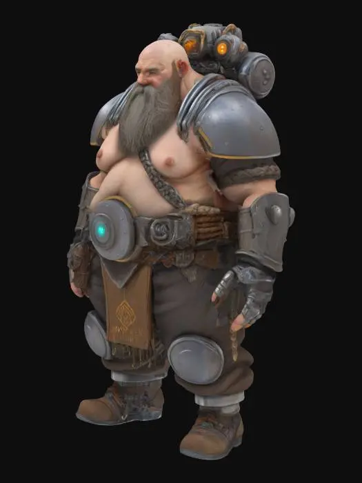 3D model for A dwarven engineer standing five-foot-two with a stout, stocky build, his broad chest and short legs built for endurance rather than speed. His thick beard is laced with metallic cybernetic filaments, woven into the traditional braids of his mountain kin. His right arm has been fully replaced with a massive, multi-functional cybernetic appendage forged from worn industrial-grade alloy, complete with a built-in repair torch and grappling cable. His torso and legs are protected by modular armor covered in industrial etchings and runic engravings, reflecting his cultural mix of engineering expertise and ancient dwarven heritage. His helmet has retractable lenses for magnifying or scanning tasks. On his left arm is a bulky shield generator 