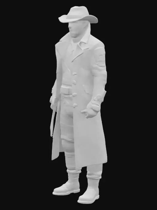 3D model for john wayne, future, post apocalypse, scifi, gunslinger, dark tower, man in black, the duke, asymmetrical, powerful, empty hands, 