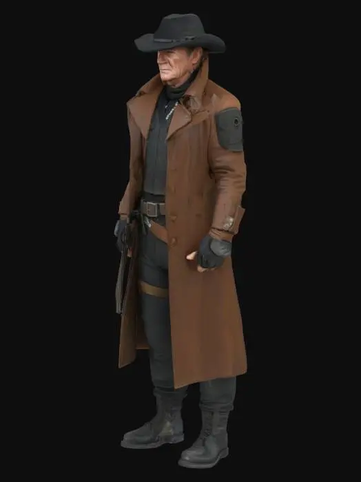 3D model for john wayne, future, post apocalypse, scifi, gunslinger, dark tower, man in black, the duke, asymmetrical, powerful, empty hands, 