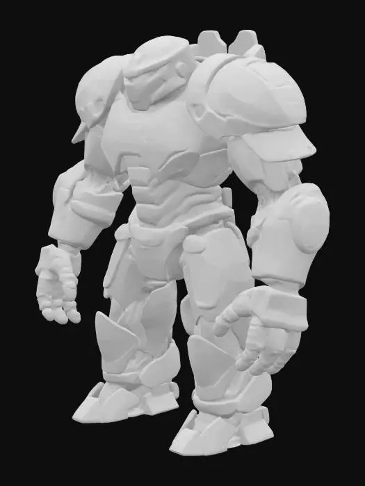 3D model for A battle-scarred, hulking humanoid standing about six and a half feet tall with a broad, muscular frame that combines raw power with deliberate, tactical precision. His armor is modular but bulky, forged of dull, matte titanium with a deep slate-gray finish. Sections of his suit feature scratches, dents, and even patchwork repairs, showing a warrior who has endured countless battles. His helmet is angular, with a retractable faceplate exposing a rugged face marked by faint scars. Mounted on his shoulders are faint orange energy emitters, pulsing faintly with stored kinetic force. His gloves are reinforced with embedded knuckles glowing faint blue, hinting at energy-impact enhancers. Opt for clean, gritty textures but limit extraneous details—keep the focus on a tough, utilitarian look.