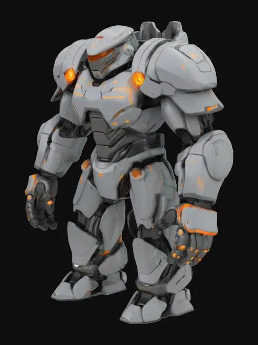 3D model for A battle-scarred, hulking humanoid standing about six and a half feet tall with a broad, muscular frame that combines raw power with deliberate, tactical precision. His armor is modular but bulky, forged of dull, matte titanium with a deep slate-gray finish. Sections of his suit feature scratches, dents, and even patchwork repairs, showing a warrior who has endured countless battles. His helmet is angular, with a retractable faceplate exposing a rugged face marked by faint scars. Mounted on his shoulders are faint orange energy emitters, pulsing faintly with stored kinetic force. His gloves are reinforced with embedded knuckles glowing faint blue, hinting at energy-impact enhancers. Opt for clean, gritty textures but limit extraneous details—keep the focus on a tough, utilitarian look.