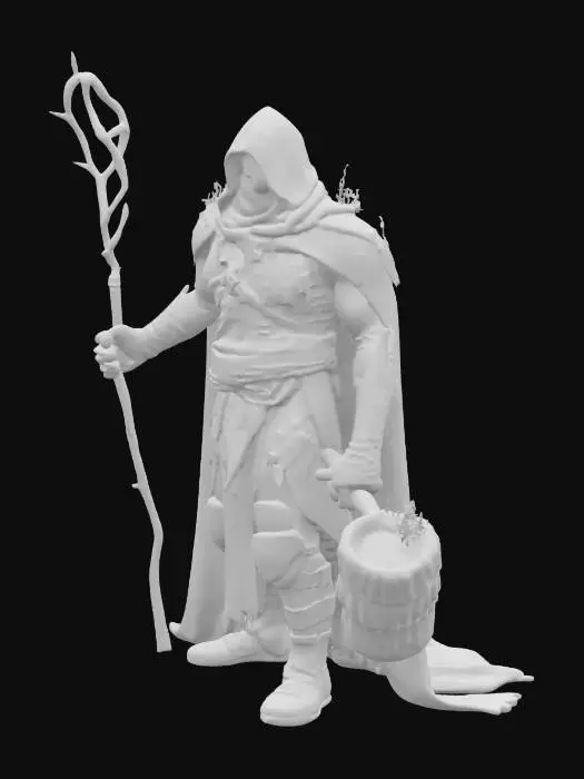 3D model for Iron Pyromancer: Robes and body seemingly forged from blackened iron and smoldering coal. Flames lick from joints and empty eye sockets. Instead of a staff, wields molten slag shaped into a brutal mace. Vibe: Industrial Hellfire, Unrelenting Heat.
Descriptors: Soot-stained iron textures, bright cracks revealing heat (emissive), glowing molten slag weapon, steam vents.
