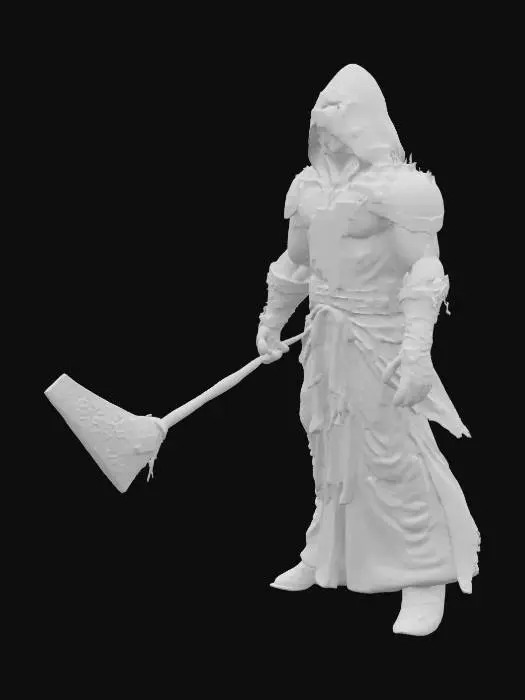 3D model for Iron Pyromancer: Robes and body seemingly forged from blackened iron and smoldering coal. Flames lick from joints and empty eye sockets. Instead of a staff, wields molten slag shaped into a brutal mace. Vibe: Industrial Hellfire, Unrelenting Heat.
Descriptors: Soot-stained iron textures, bright cracks revealing heat (emissive), glowing molten slag weapon, steam vents.