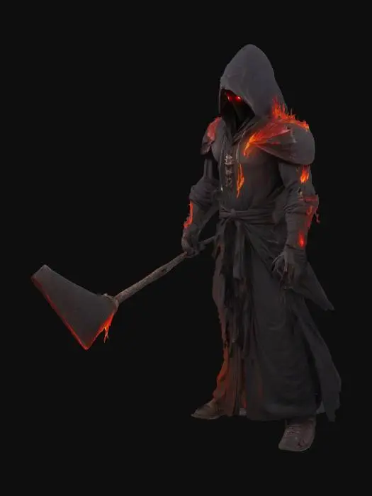 3D model for Iron Pyromancer: Robes and body seemingly forged from blackened iron and smoldering coal. Flames lick from joints and empty eye sockets. Instead of a staff, wields molten slag shaped into a brutal mace. Vibe: Industrial Hellfire, Unrelenting Heat.
Descriptors: Soot-stained iron textures, bright cracks revealing heat (emissive), glowing molten slag weapon, steam vents.
