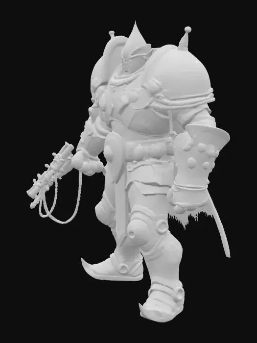 3D model for Flintlock orc Fury Knight: Heavy Gothic plate armor, but gauntlets end in integrated multi-barreled flintlock pistols (like gun-fists). Greathelm visor is a grid of gun-ports revealing glowing eyes. Smoldering match-cords hang from joints. Vibe: Gunpowder Juggernaut, Walking Battleship.